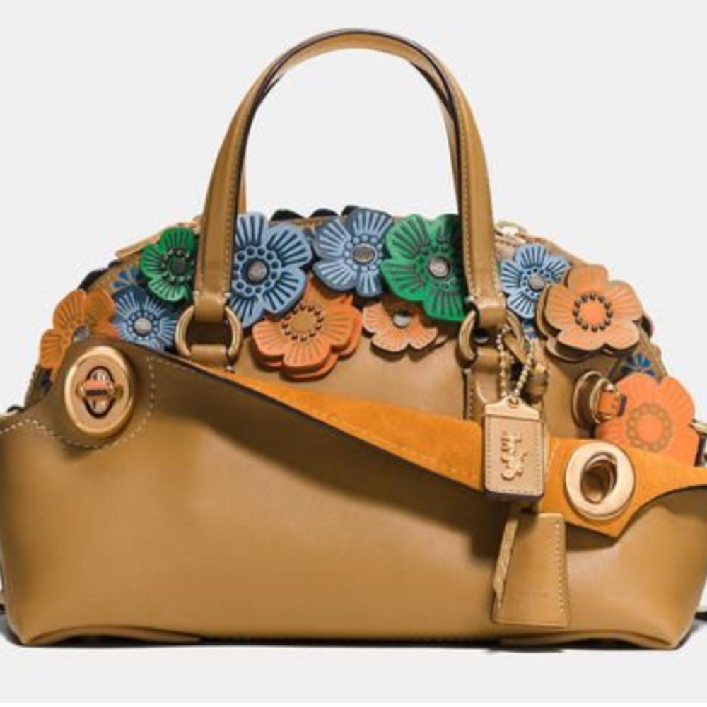 Coach Floral Appliqué Satchel in Tan, Orange, Blue, Green